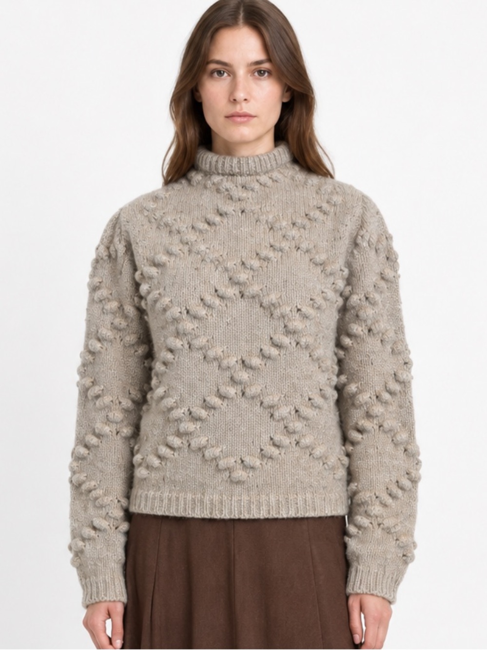 Merino Wool Cashmere Diamond Bobble Stitch Women's Chunky Sweater Made in Italy